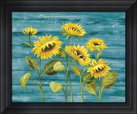 Framed Cottage Sunflowers Teal Print