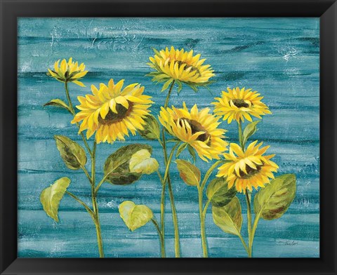 Framed Cottage Sunflowers Teal Print