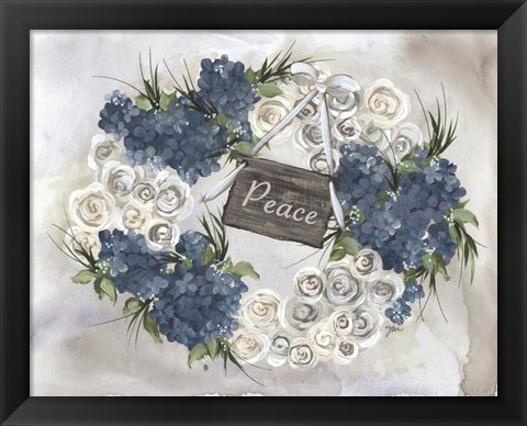 Framed Hydrangea Wreath Blue Print