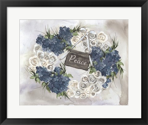 Framed Hydrangea Wreath Blue Print