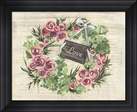 Framed Hydrangea Wreath Green &amp; Pink Print