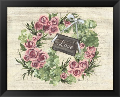 Framed Hydrangea Wreath Green &amp; Pink Print