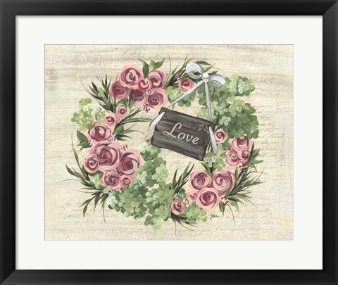 Framed Hydrangea Wreath Green &amp; Pink Print