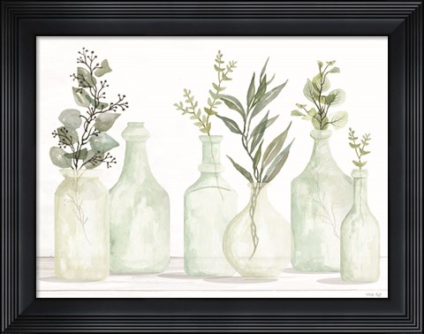 Framed Bottles and Greenery I Print