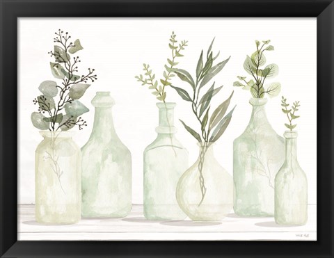 Framed Bottles and Greenery I Print