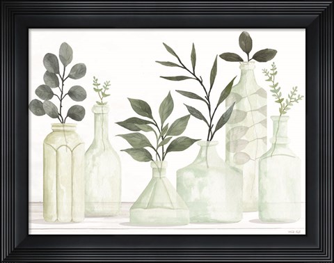 Framed Bottles and Greenery II Print
