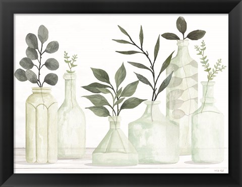 Framed Bottles and Greenery II Print