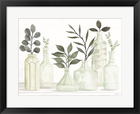 Framed Bottles and Greenery II Print