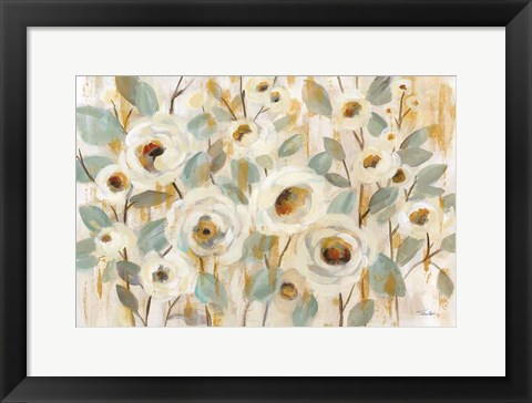 Framed White Gold and Sage Floral Print