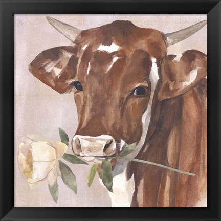 Framed Peony Cow I Print