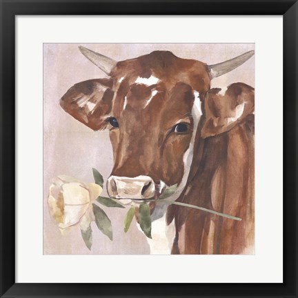 Framed Peony Cow I Print