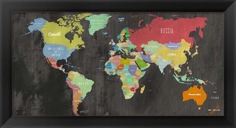 Framed Modern Map of the World  (chalkboard, detail) Print