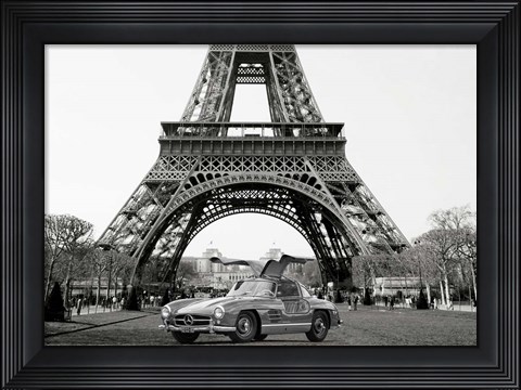 Framed Roadster Under the Eiffel Tower (BW) Print
