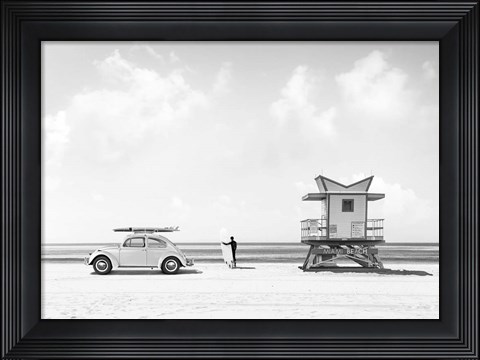 Framed Waiting for the Waves, Miami Beach (BW) Print
