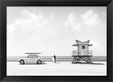 Framed Waiting for the Waves, Miami Beach (BW) Print