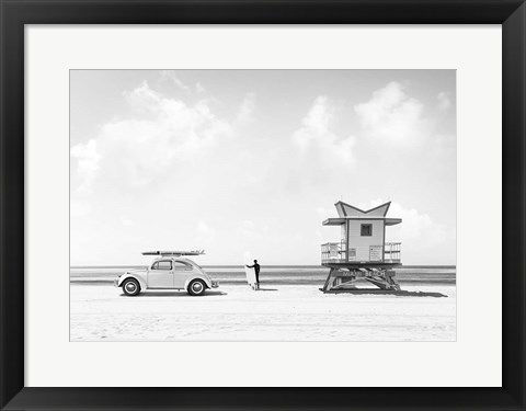 Framed Waiting for the Waves, Miami Beach (BW) Print