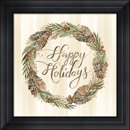 Framed Sage Happy Holidays Wreath Print