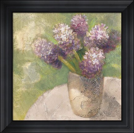 Framed Purple Hyacinths in Vase Green Print