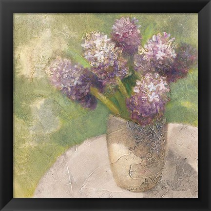 Framed Purple Hyacinths in Vase Green Print