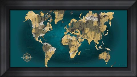 Framed Sketched World Map Blue Crop Print