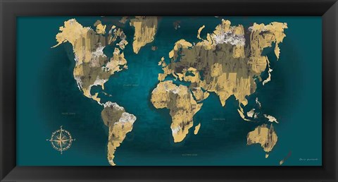 Framed Sketched World Map Blue Crop Print
