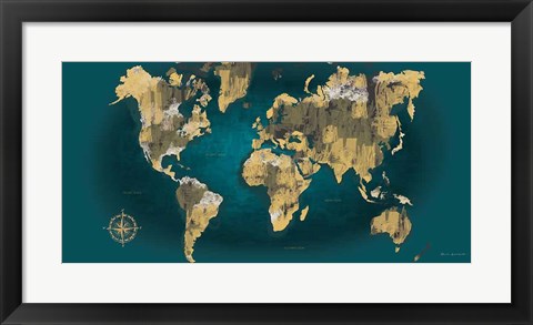 Framed Sketched World Map Blue Crop Print