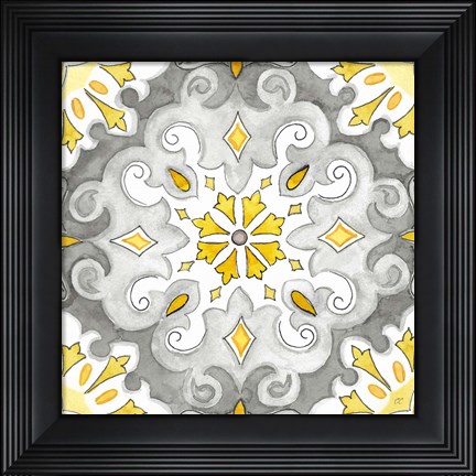 Framed Jewel Medallion yellow gray I Print