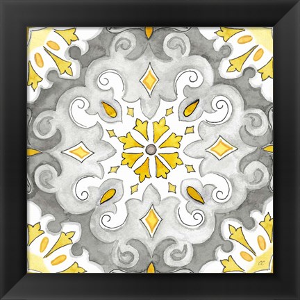 Framed Jewel Medallion yellow gray I Print