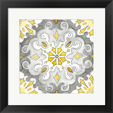 Framed Jewel Medallion yellow gray I Print