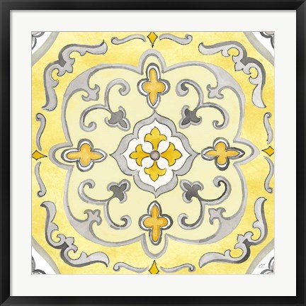 Framed Jewel Medallion yellow gray II Print
