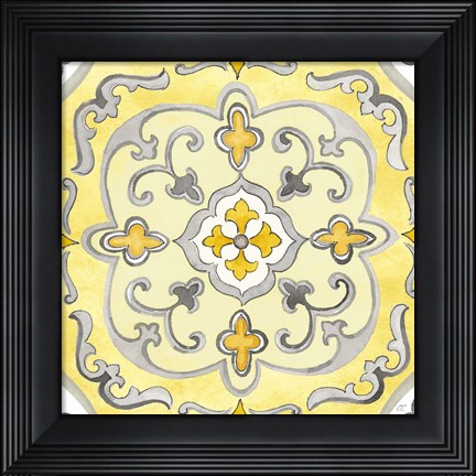 Framed Jewel Medallion yellow gray II Print