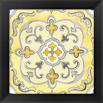 Framed Jewel Medallion yellow gray II Print