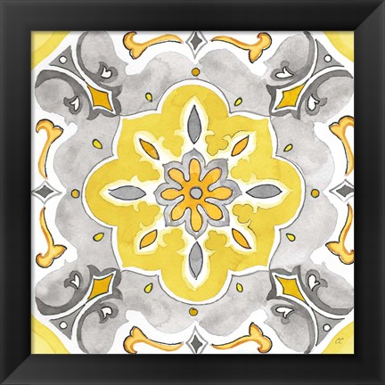 Framed Jewel Medallion yellow gray III Print