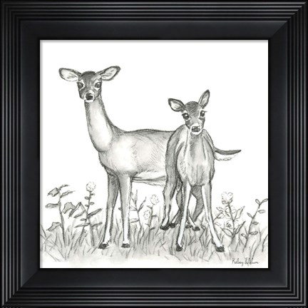 Framed Watercolor Pencil Forest X-Deer Family Print