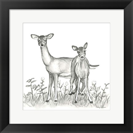 Framed Watercolor Pencil Forest X-Deer Family Print