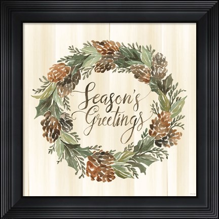 Framed Sage Season&#39;s Greetings Wreath Print