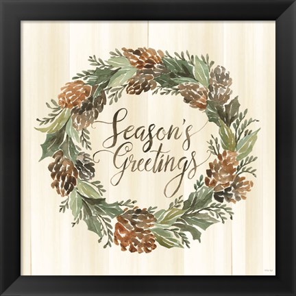 Framed Sage Season&#39;s Greetings Wreath Print