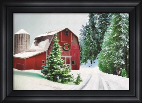 Framed Winter Pines Red Barn Print