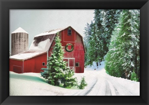 Framed Winter Pines Red Barn Print