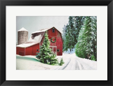 Framed Winter Pines Red Barn Print