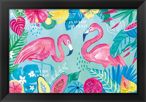 Framed Fruity Flamingos I Print