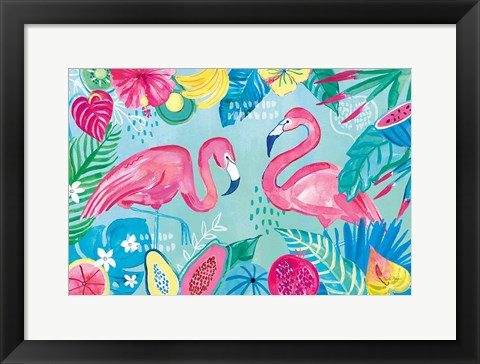 Framed Fruity Flamingos I Print