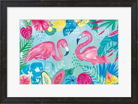 Framed Fruity Flamingos I Print
