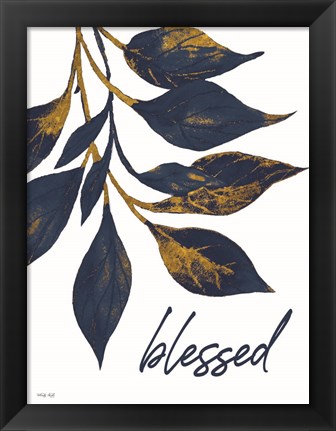 Framed Blessed Navy Gold Leaves Print