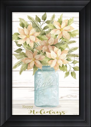 Framed Happy Holidays White Poinsettias Print
