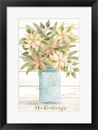 Framed Happy Holidays White Poinsettias Print