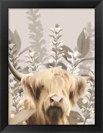 Framed Hairy Highland in the Field Print