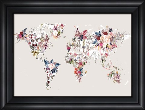 Framed Worldmap Flowers (Light) Print