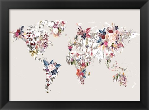 Framed Worldmap Flowers (Light) Print