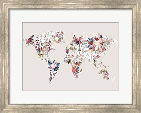 Framed Worldmap Flowers (Light) Print